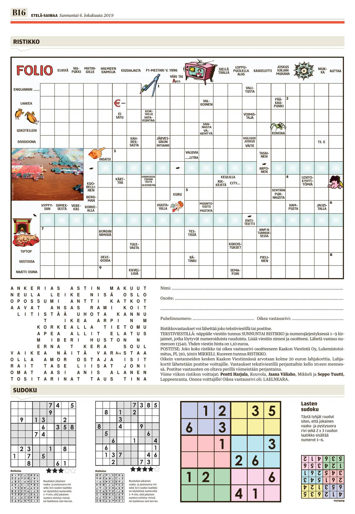 Etelä-Saimaan ristikkosivu: kuvaristikko, kaksi sudokua ja lasten sudoku.