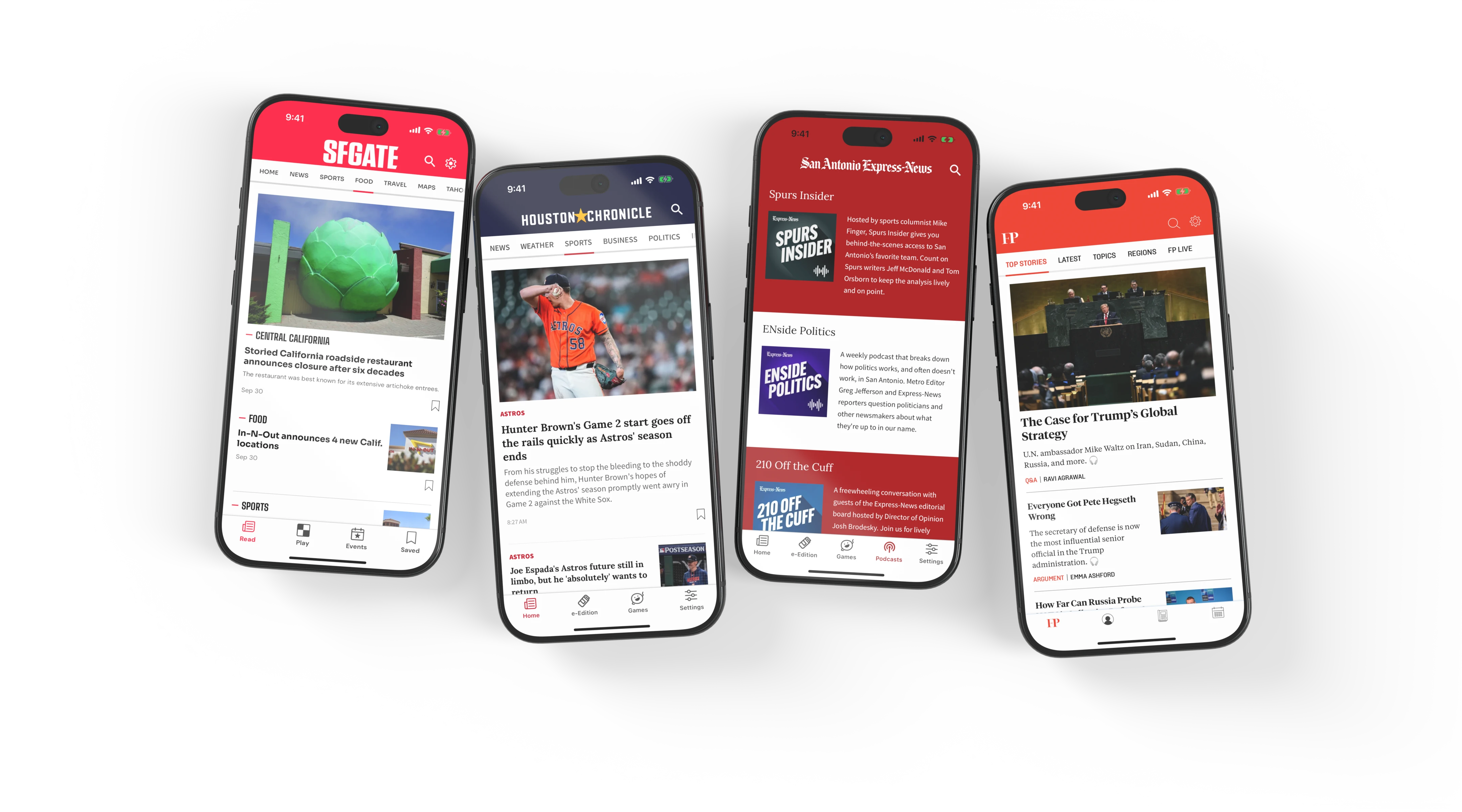 SFGATE’s Food section, Houston Chronicle’s Sports section, San Antonio Express-News podcasts and Foreign Policy news on four phones.