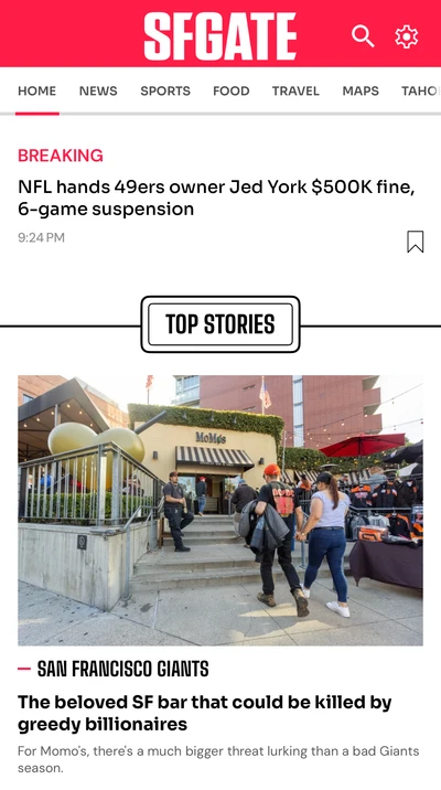 SFGATE’s home screen, with a breaking-news headline, custom section heading and a large lead photograph.