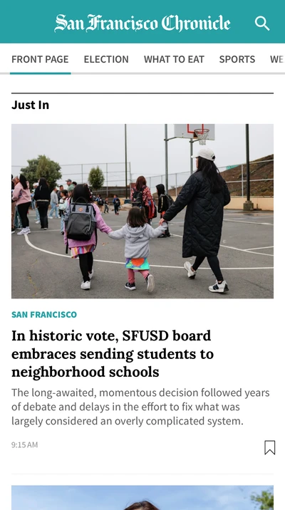 San Francisco Chronicle: rajaus sovelluksen uutisnäkymästä.