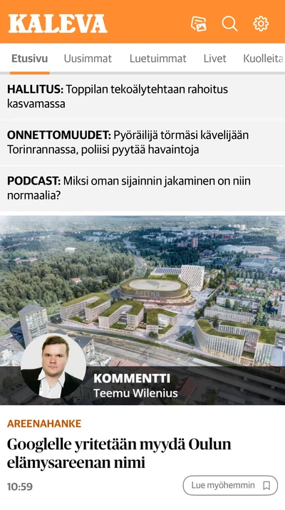 Kaleva: rajaus sovelluksen uutisnäkymästä.