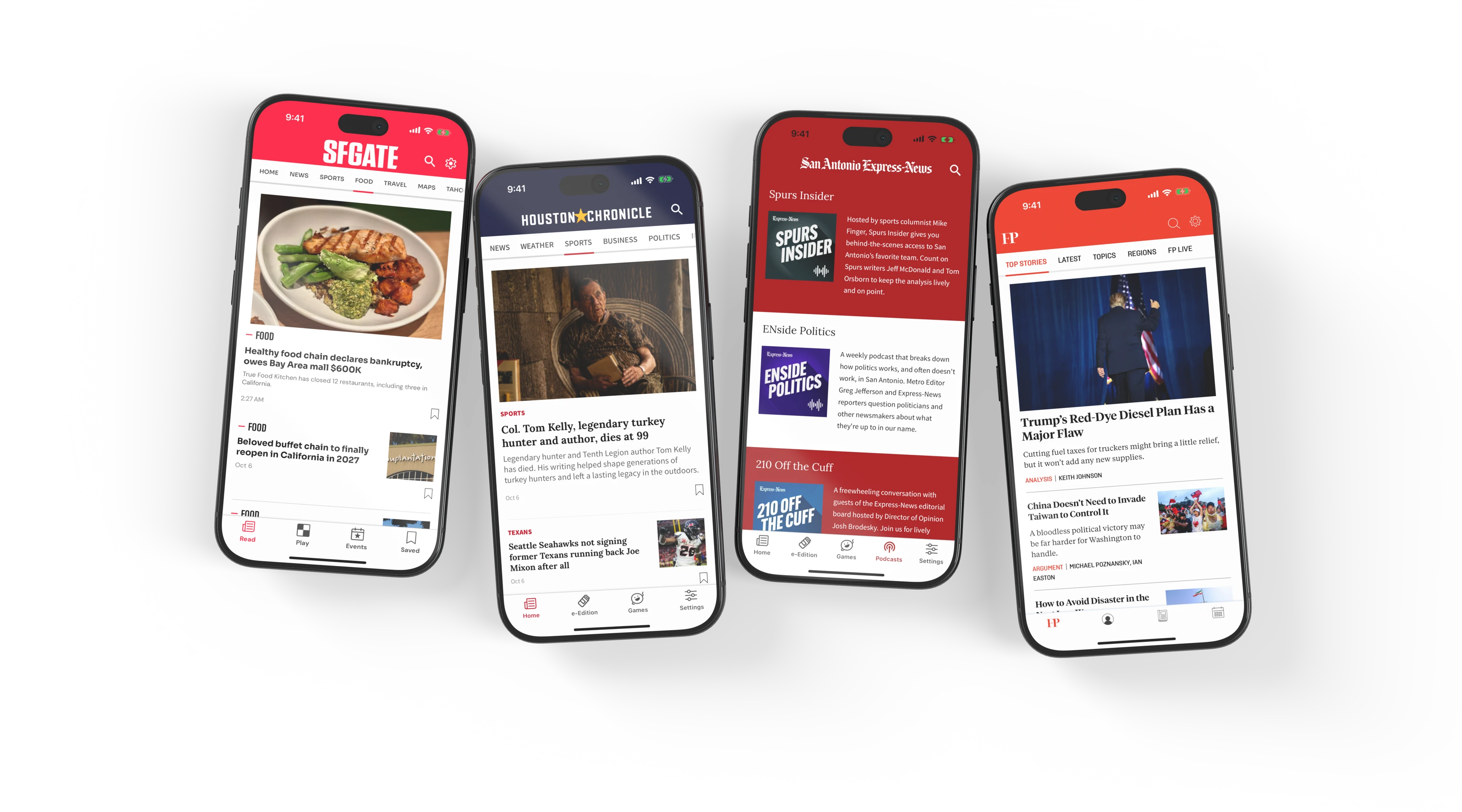SFGATE’s Food section, Houston Chronicle’s Sports section, San Antonio Express-News podcasts and Foreign Policy news on four phones.