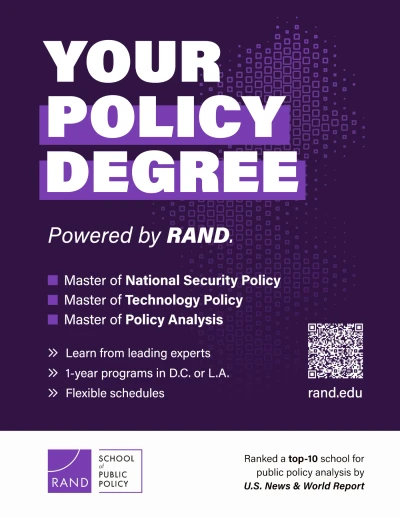 RAND’s Your Policy Degree ad: white headlines and course information over a purple design, with the RAND School of Public Policy logo below.
