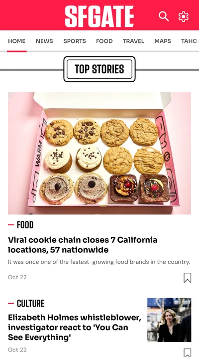 SFGATE’s home screen, with a breaking-news headline, custom section heading and a large lead photograph.