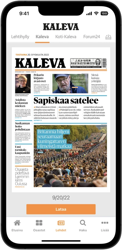 Kalevan sovelluksen Lehdet-välilehti, jossa lukija voi valita ja ladata lehden numeron.