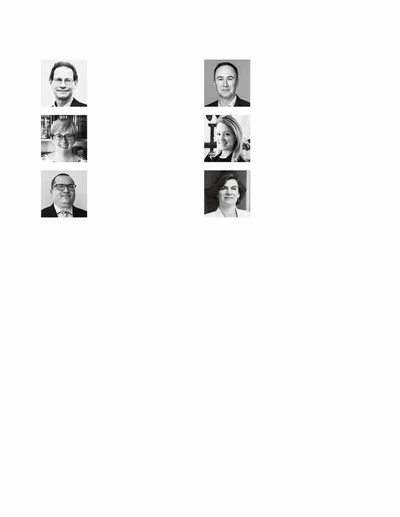 Photograph layer: six contributor portraits in their original positions.