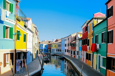 Burano-valokuva latautuneena: värikkäät talot reunustavat kanaalia sinisen taivaan alla.