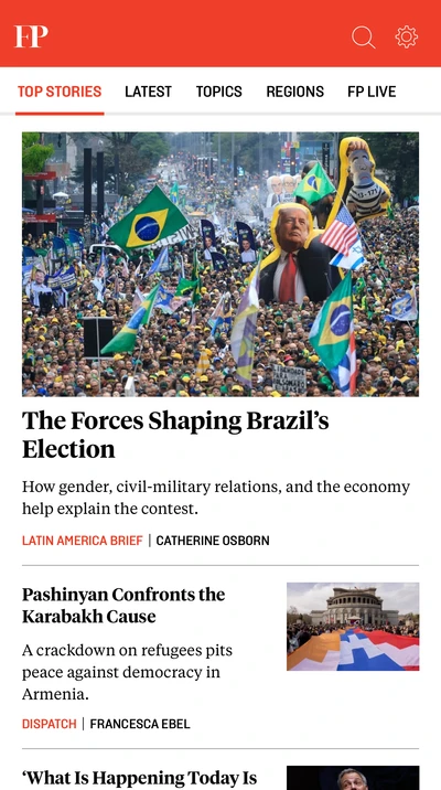 Foreign Policy’s top stories, with its own typefaces, story categories, bylines and compact article listings with images.