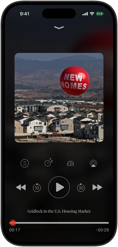 Foreign Policy’s audio player showing Gridlock in the U.S. Housing Market, with playback, sleep timer and speed controls.