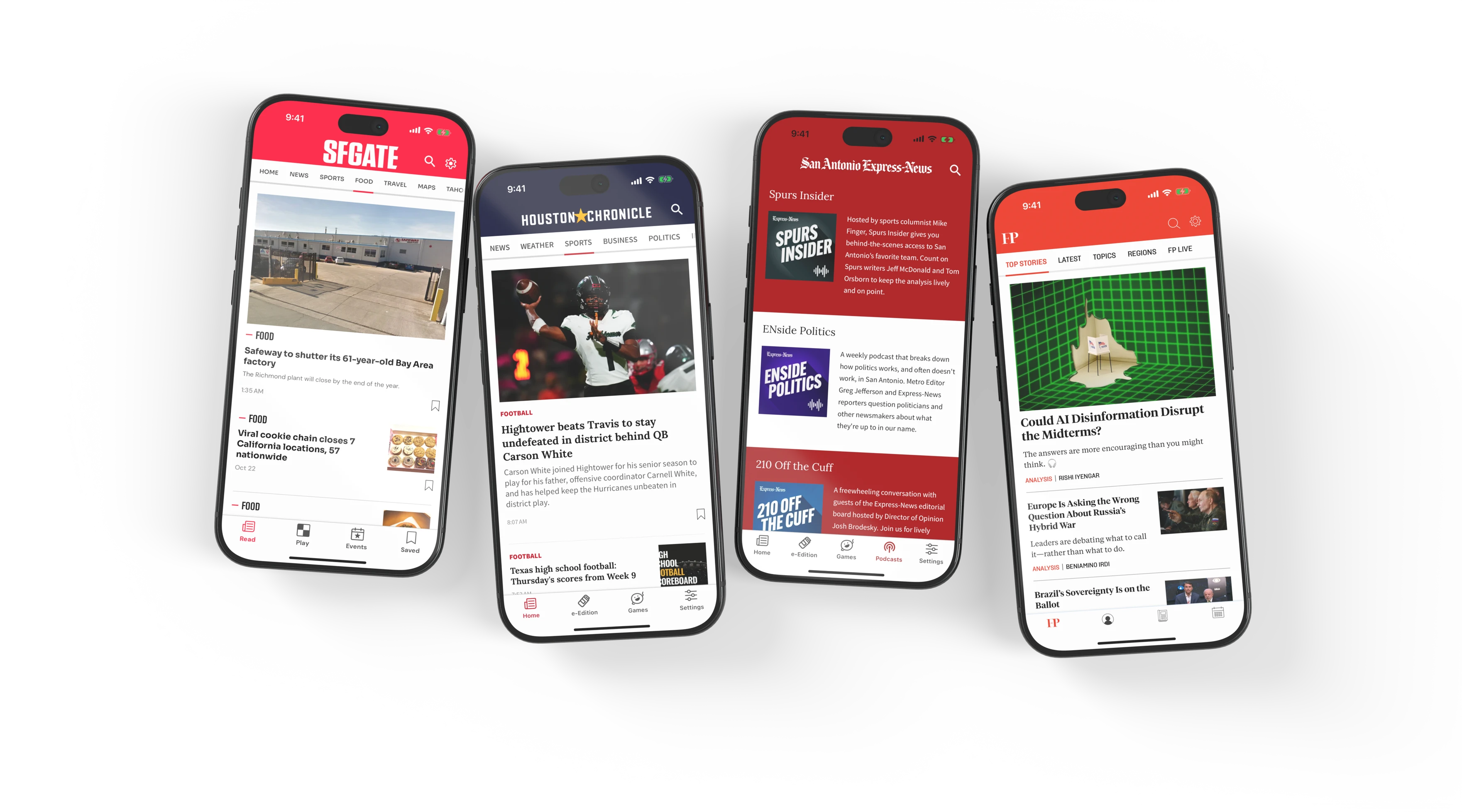 SFGATE’s Food section, Houston Chronicle’s Sports section, San Antonio Express-News podcasts and Foreign Policy news on four phones.