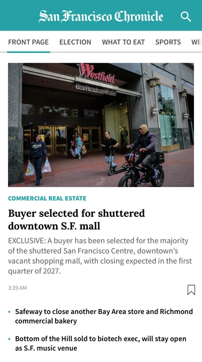The Chronicle’s front page: its teal masthead, a large photograph and headline, followed by related stories.