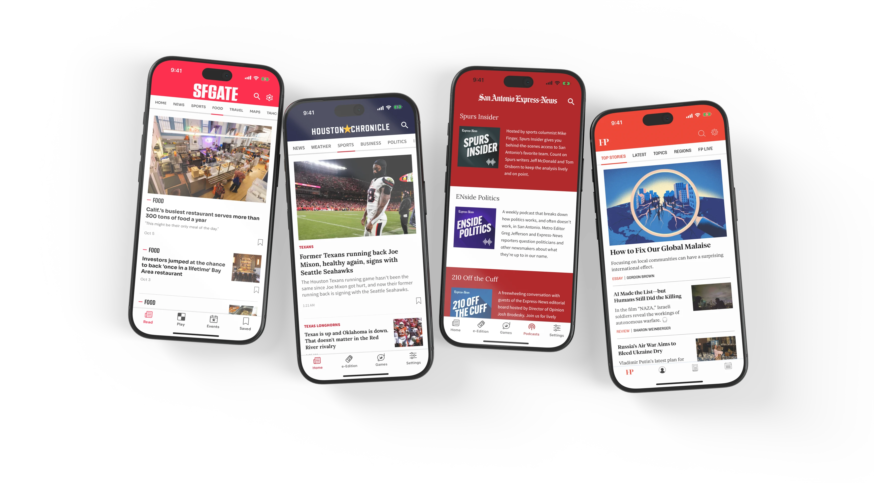 SFGATE’s Food section, Houston Chronicle’s Sports section, San Antonio Express-News podcasts and Foreign Policy news on four phones.