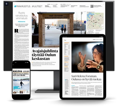 Sama Kalevan numero kolmella laitteella: aukeama tietokoneen näytöllä selaimessa, toinen aukeama iPadilla ja etusivu iPhonella.