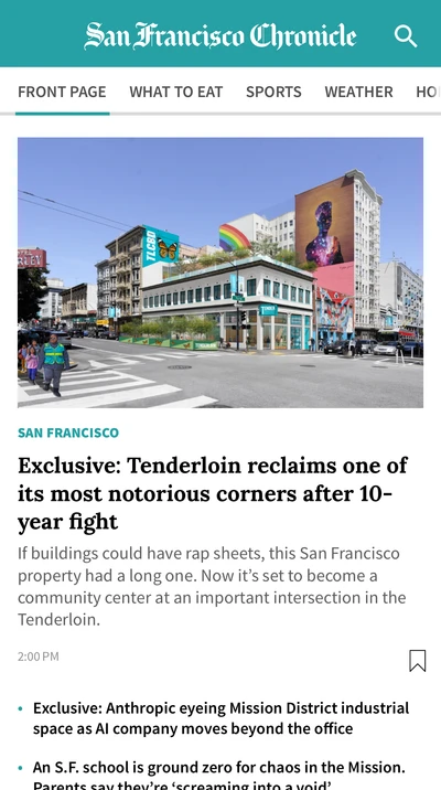 The Chronicle’s front page: its teal masthead, a large photograph and headline, followed by related stories.