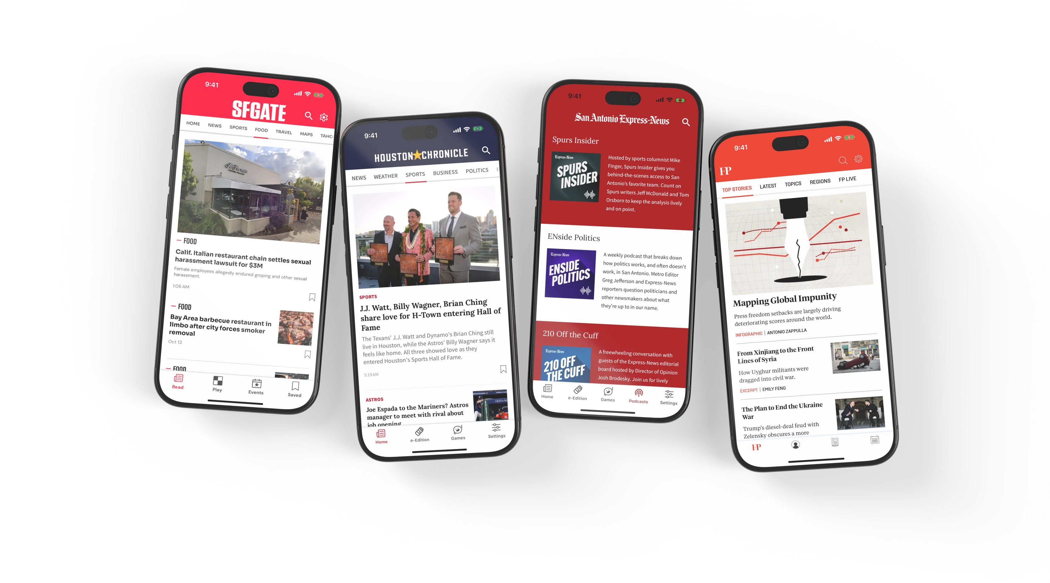 SFGATE’s Food section, Houston Chronicle’s Sports section, San Antonio Express-News podcasts and Foreign Policy news on four phones.