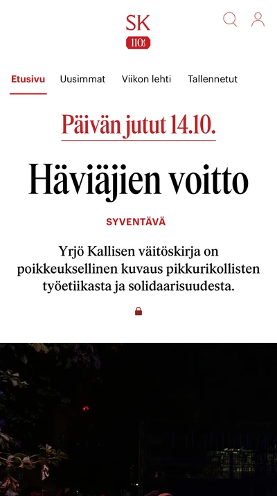 Suomen Kuvalehti: rajaus sovelluksen uutisnäkymästä.