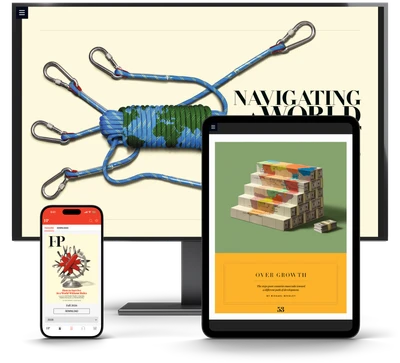 Foreign Policy’s Fall 2026 issue: the opening feature spread in the desktop web reader, the Overgrowth page on a tablet, and the magazine view in the native phone app.
