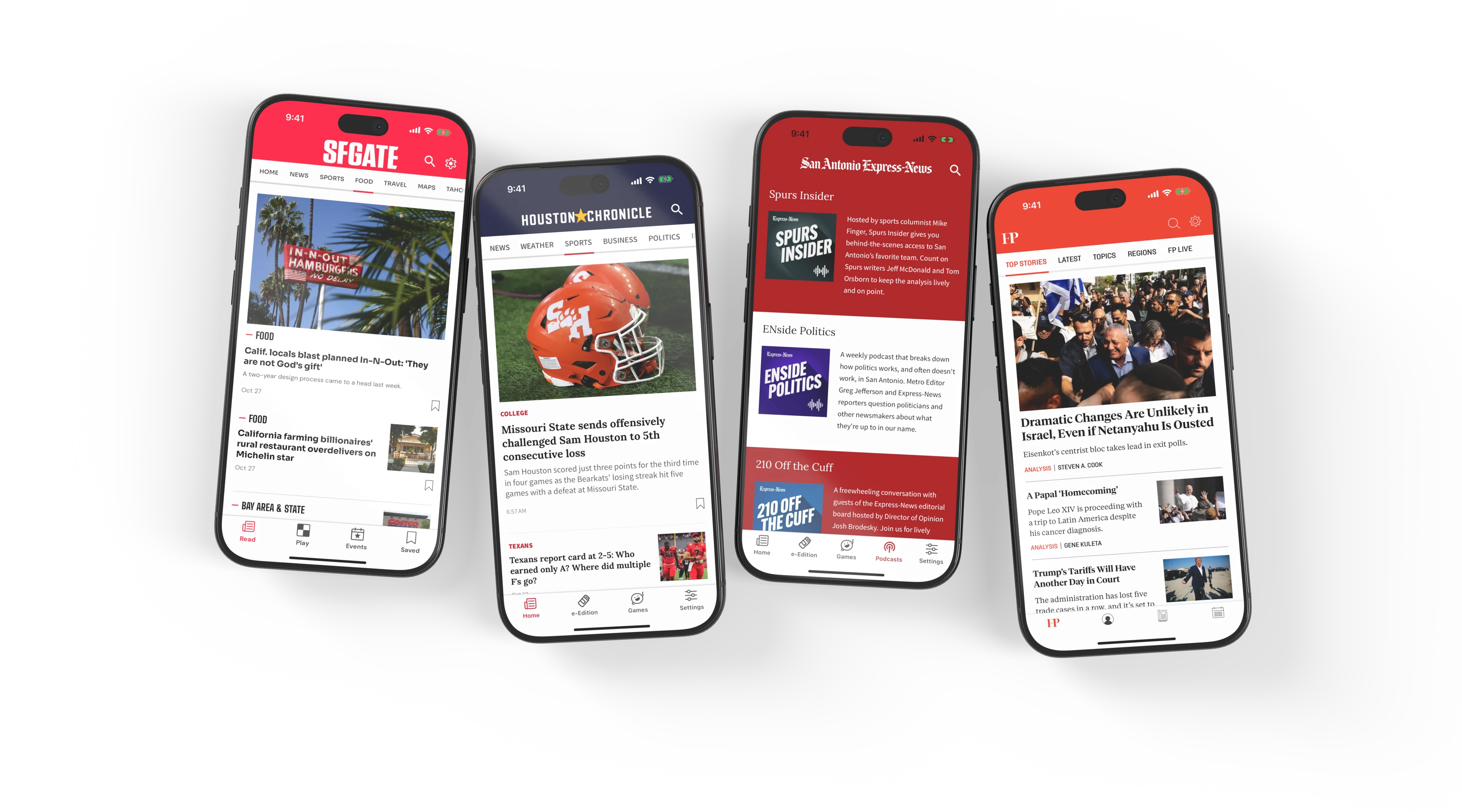 SFGATE’s Food section, Houston Chronicle’s Sports section, San Antonio Express-News podcasts and Foreign Policy news on four phones.