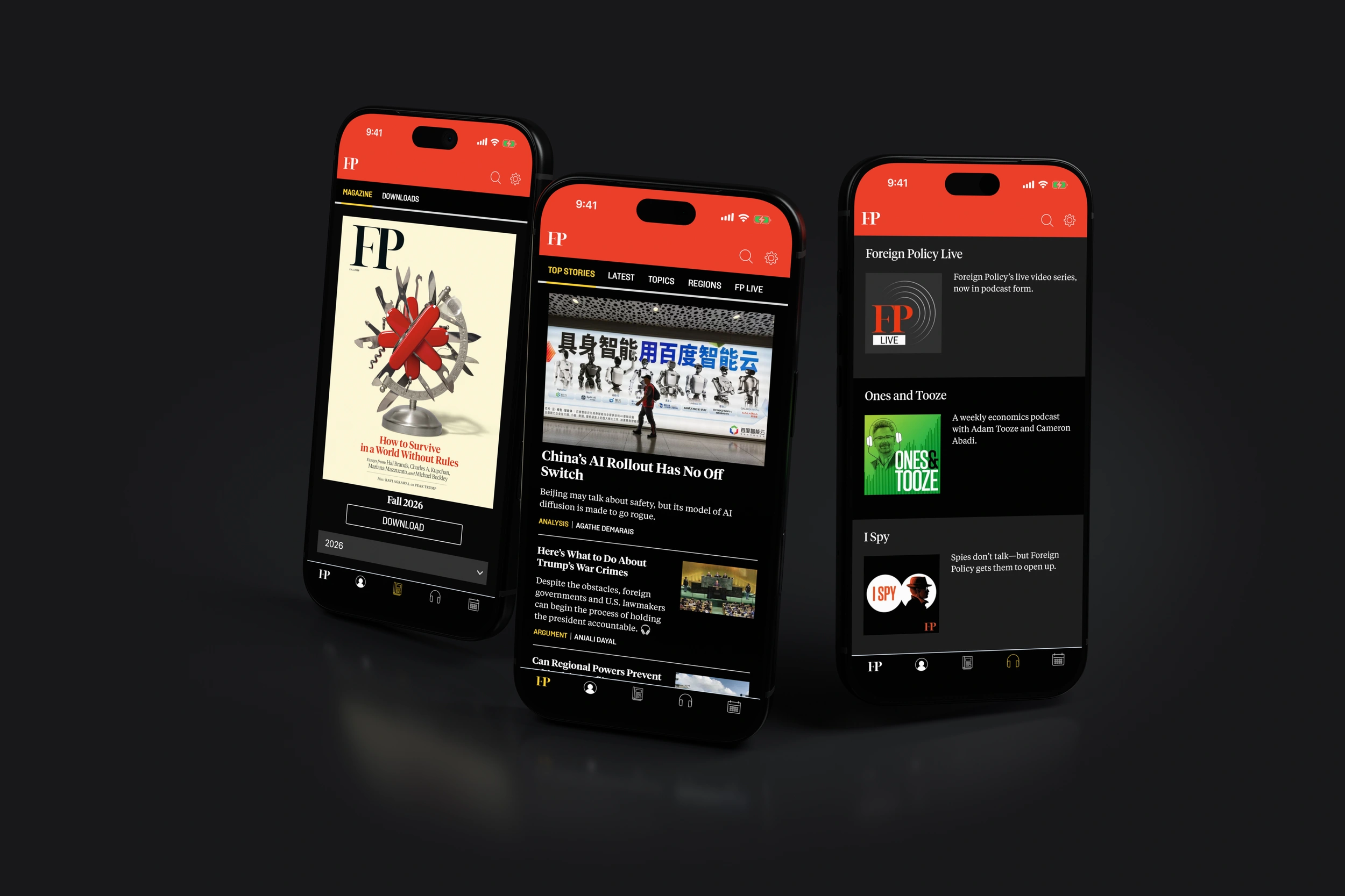 Foreign Policy editions, news and podcasts on three phones in dark mode.