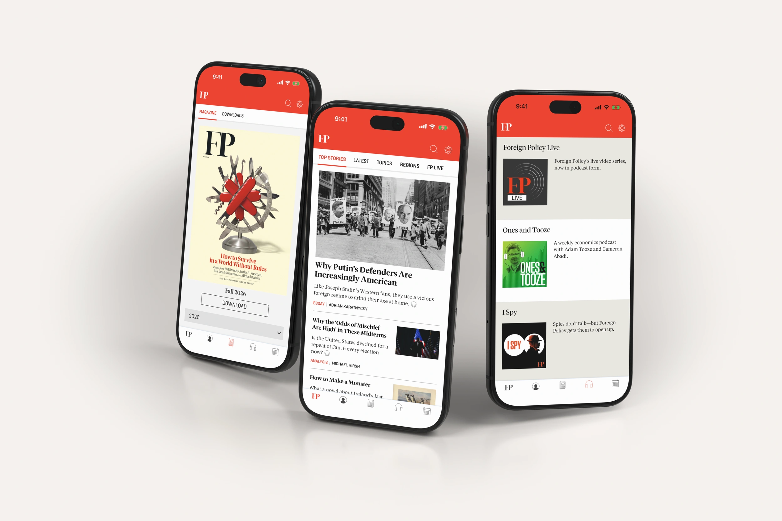 Foreign Policy editions, news and podcasts on three phones in light mode.