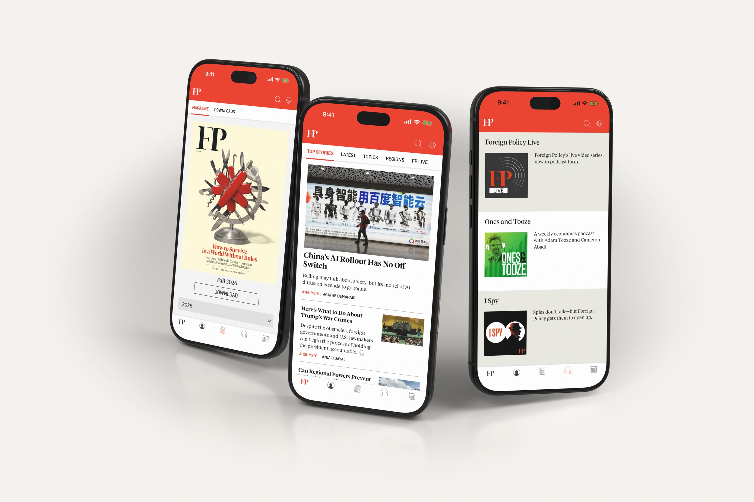 Foreign Policy editions, news and podcasts on three phones in light mode.