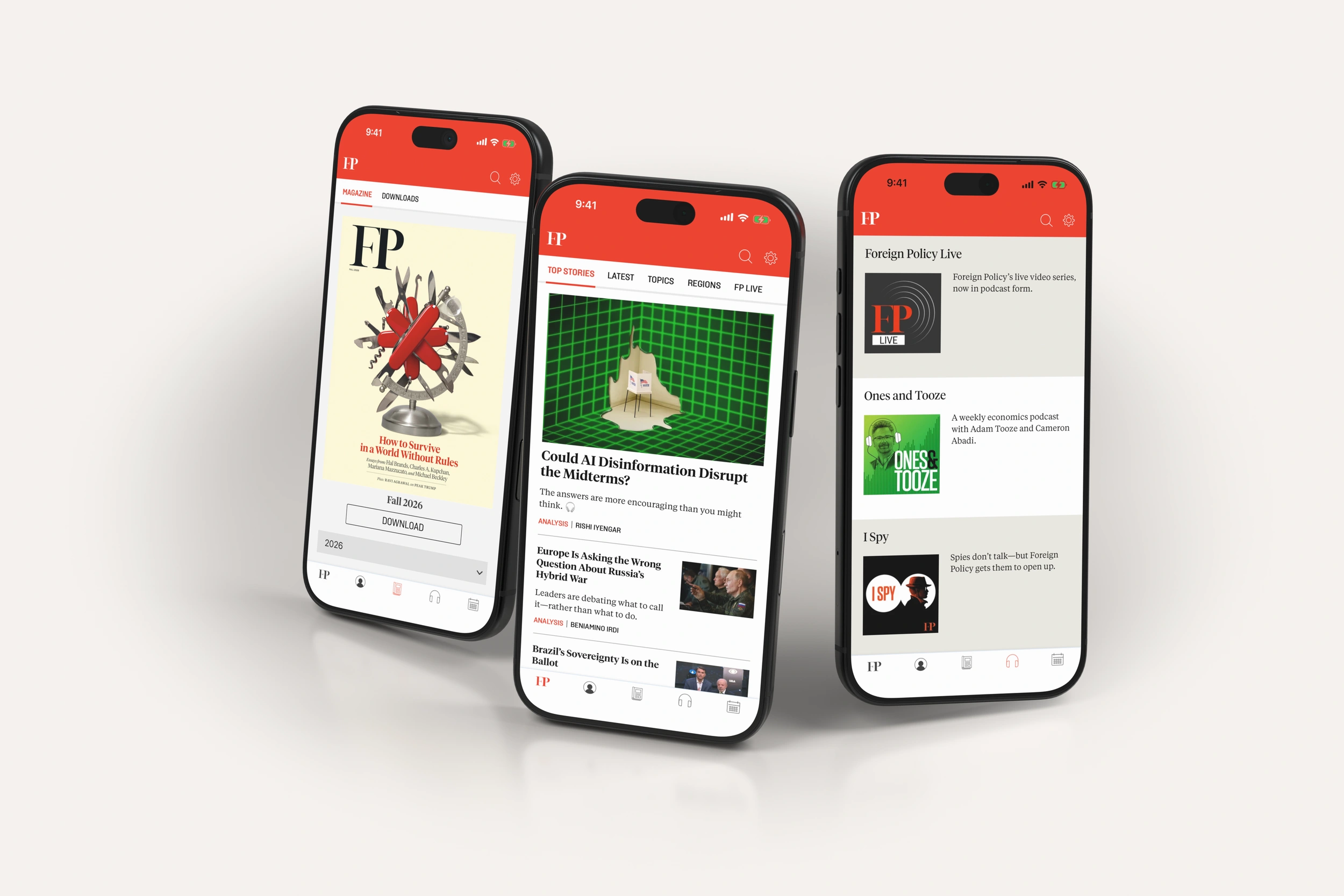 Foreign Policy editions, news and podcasts on three phones in light mode.