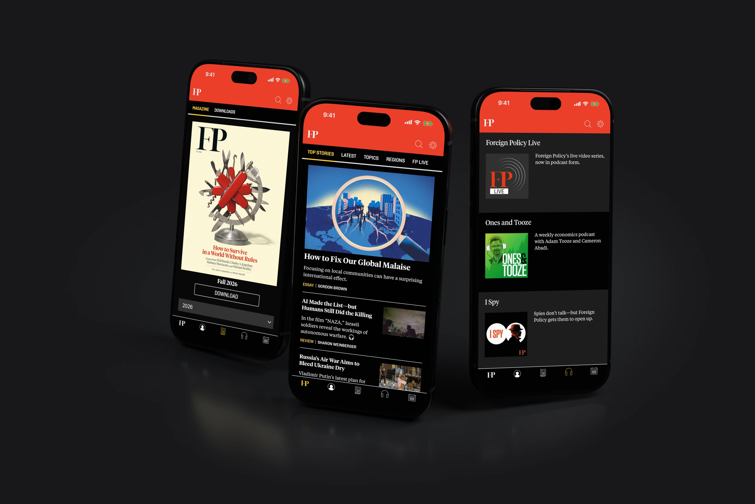 Foreign Policy editions, news and podcasts on three phones in dark mode.