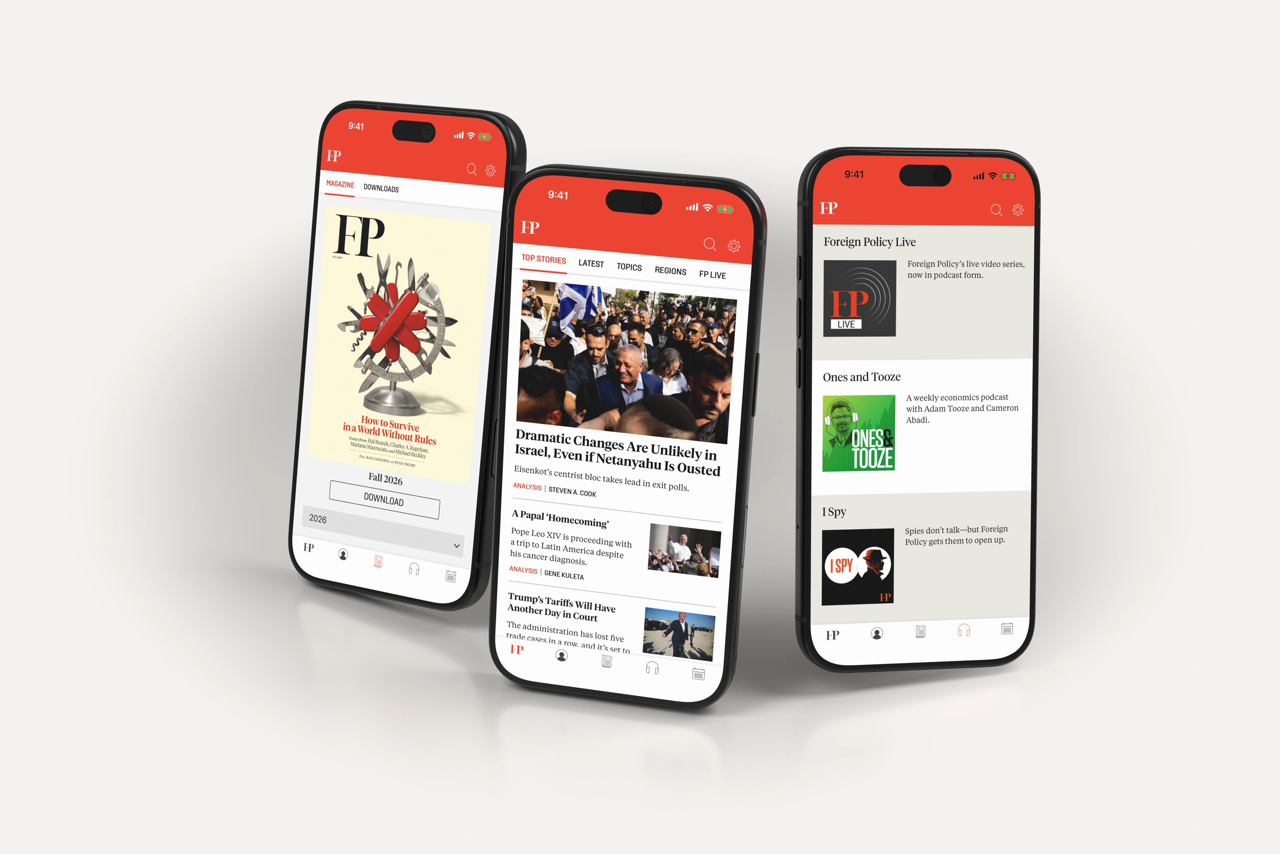 Foreign Policy editions, news and podcasts on three phones in light mode.