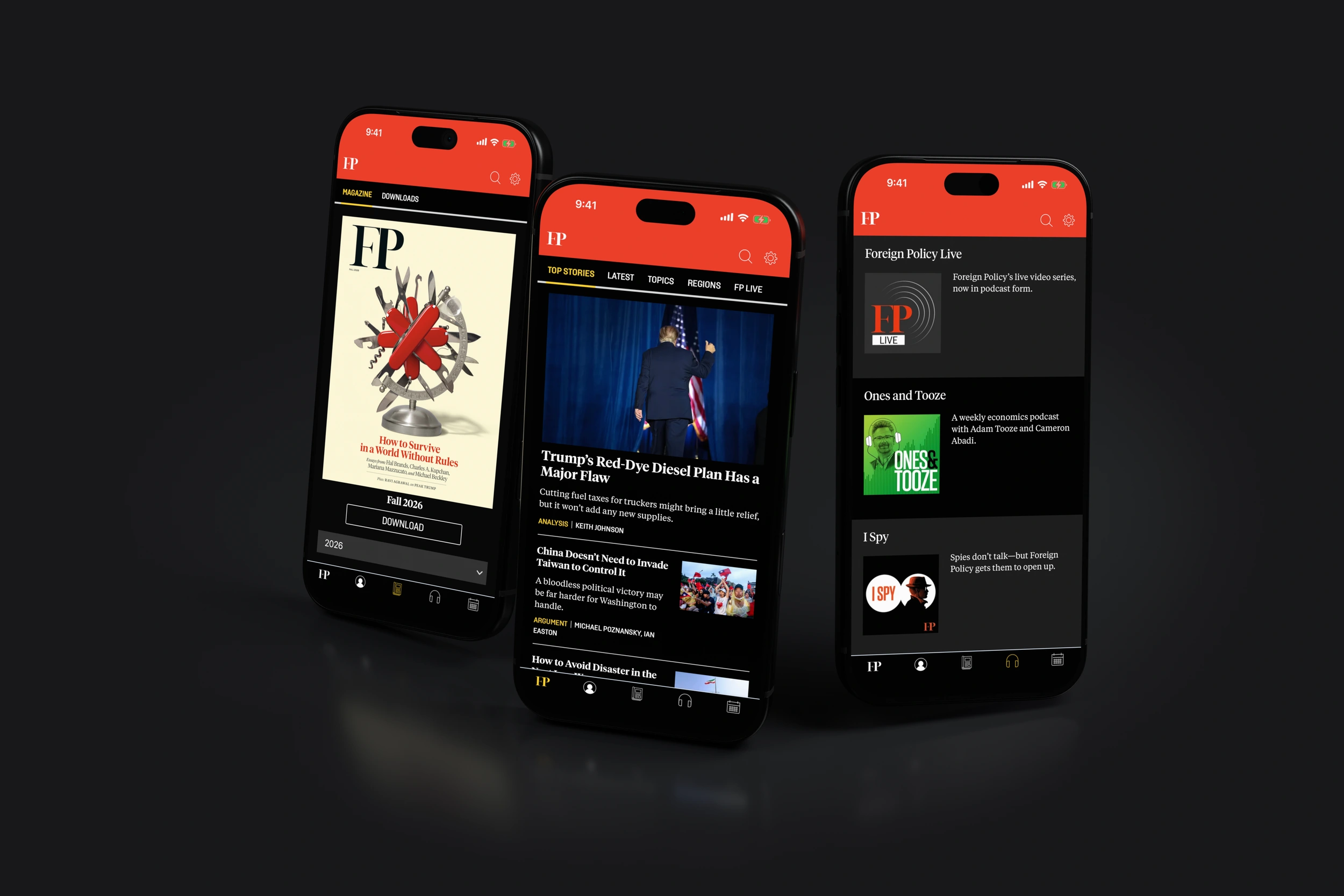 Foreign Policy editions, news and podcasts on three phones in dark mode.