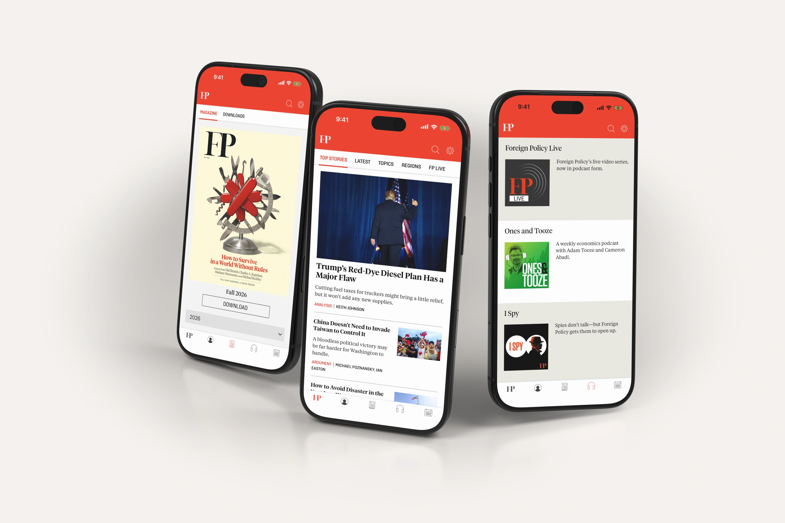 Foreign Policy editions, news and podcasts on three phones in light mode.