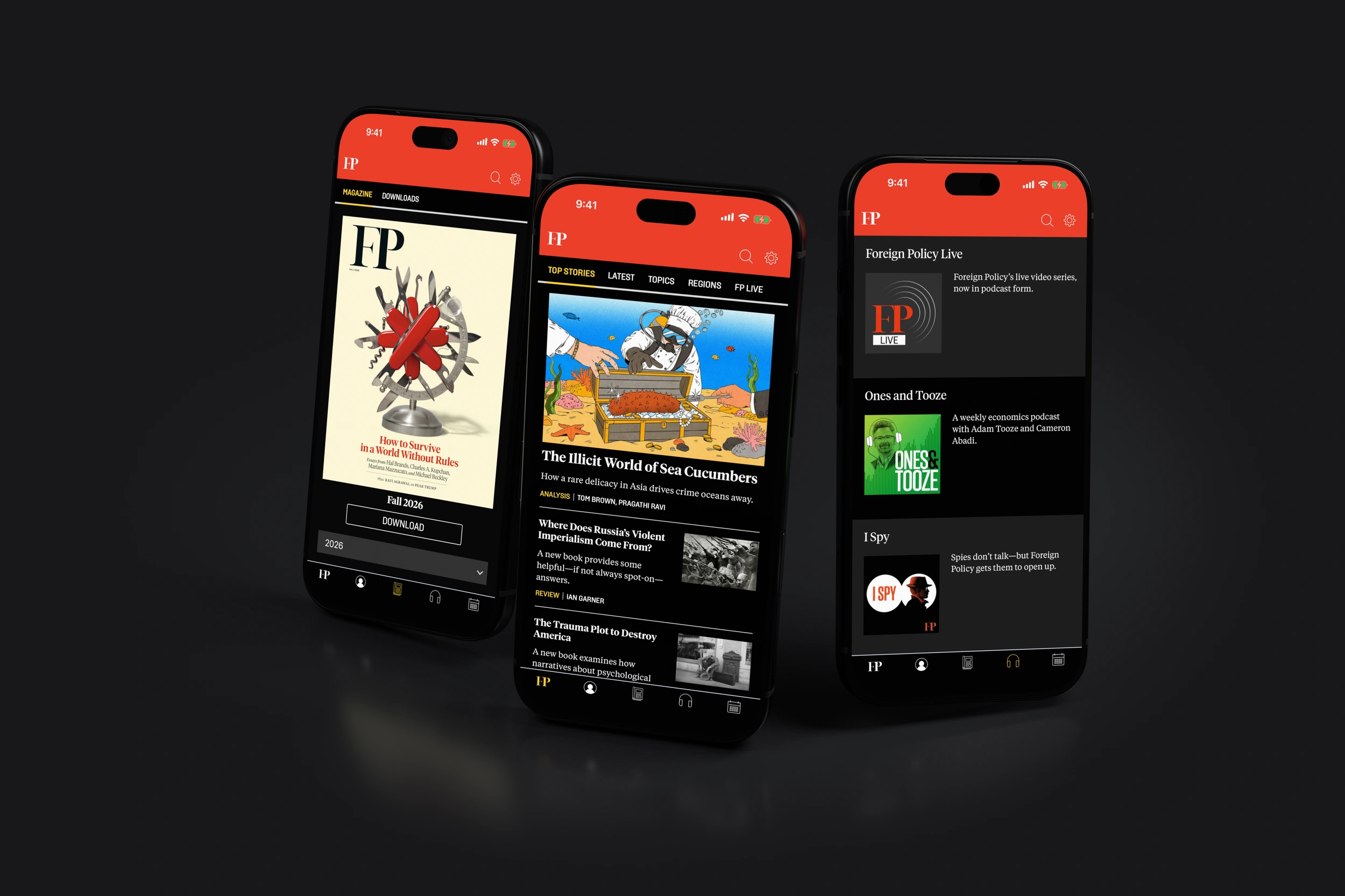 Foreign Policy editions, news and podcasts on three phones in dark mode.