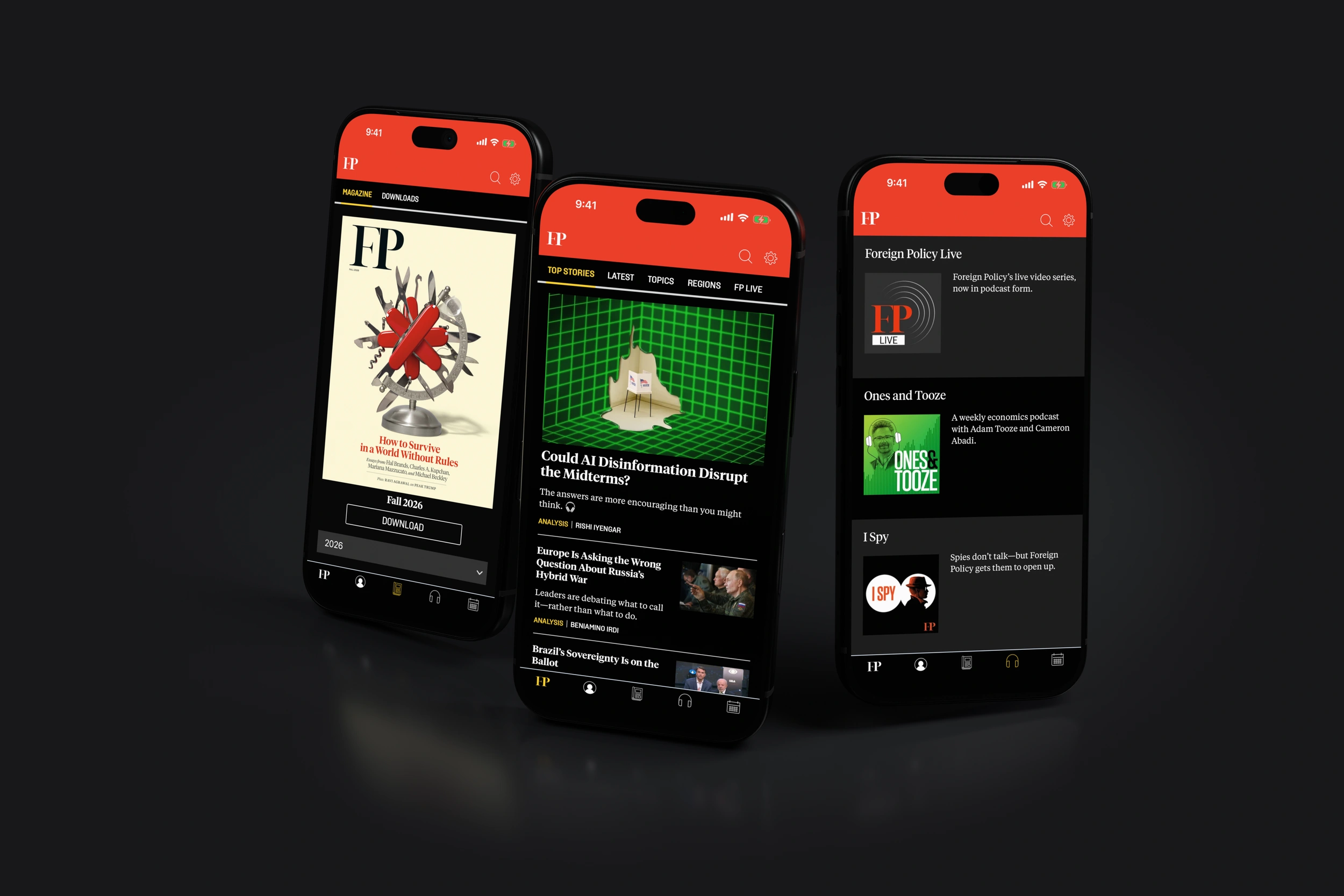 Foreign Policy editions, news and podcasts on three phones in dark mode.
