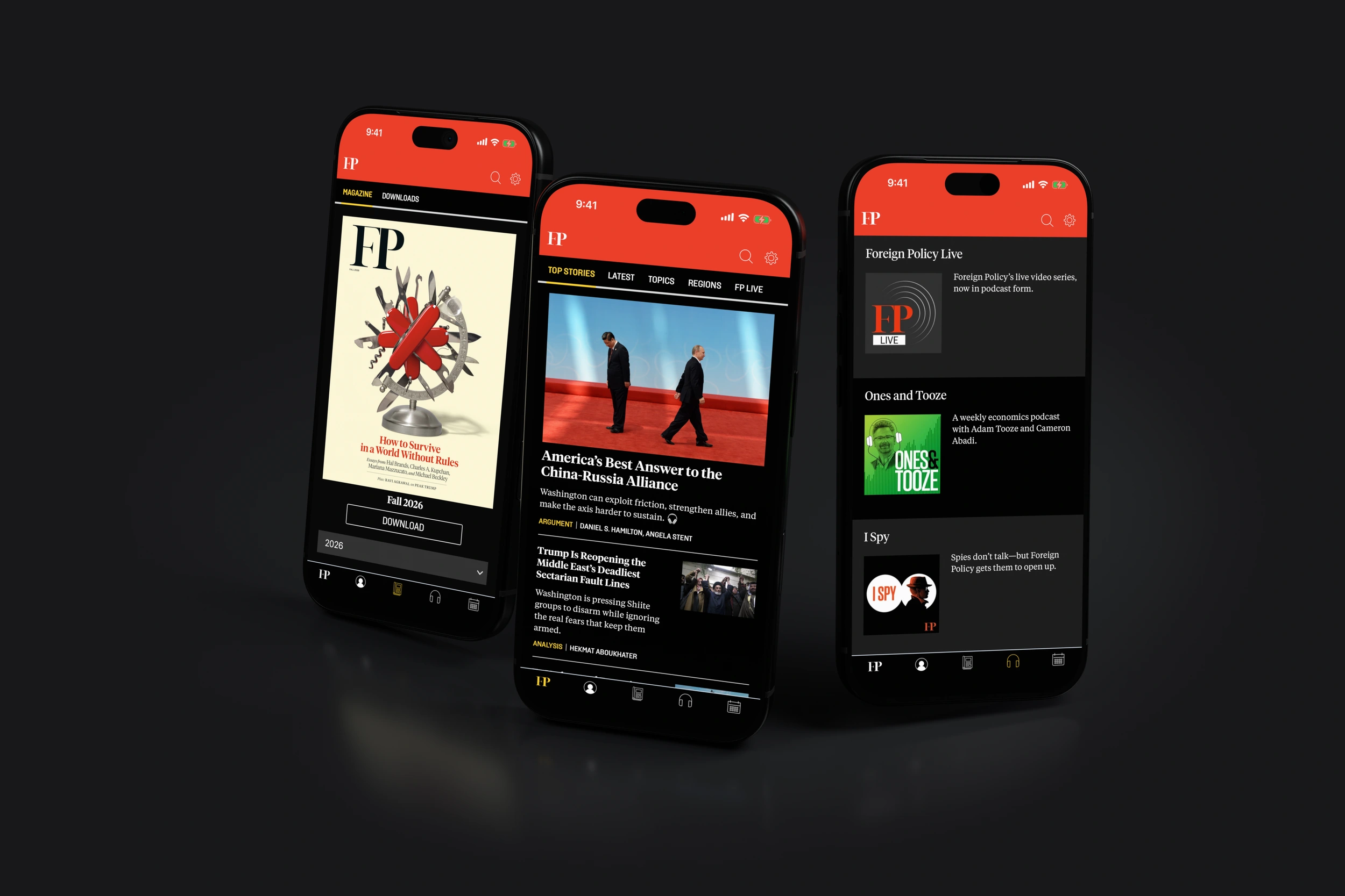 Foreign Policy editions, news and podcasts on three phones in dark mode.