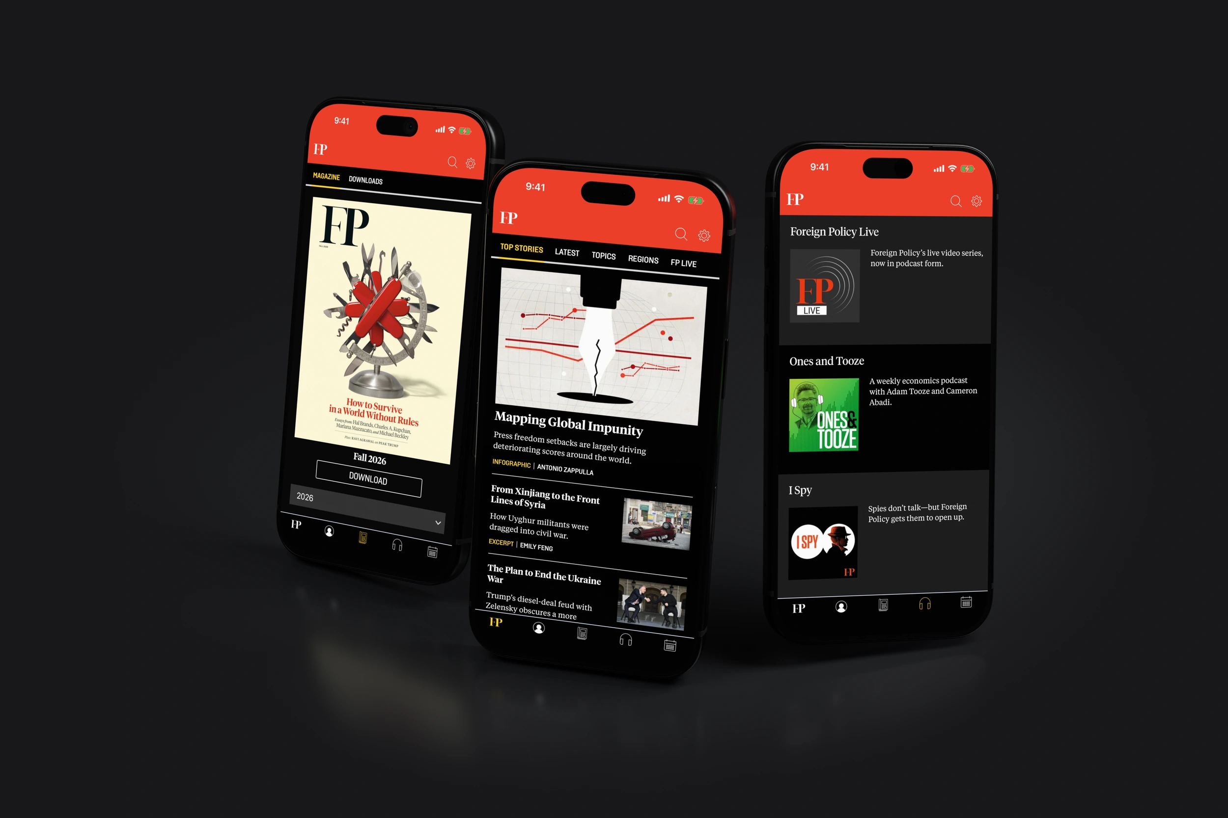 Foreign Policy editions, news and podcasts on three phones in dark mode.