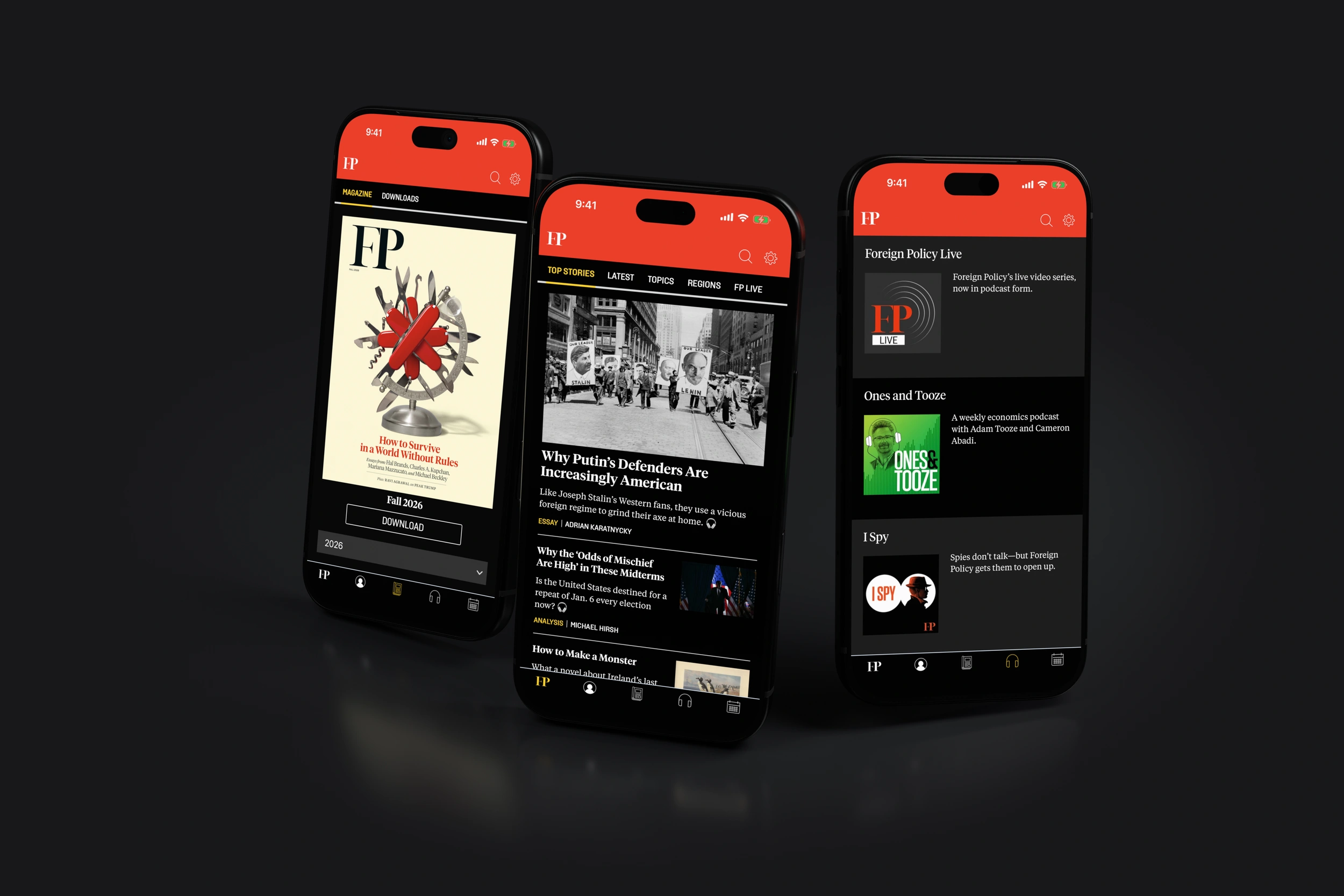 Foreign Policy editions, news and podcasts on three phones in dark mode.